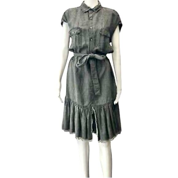 NSF Dresses & Skirts - NSF Charcoal Gray Denim Belted Raw Hem Collared Shirt Dress – Size Medium
